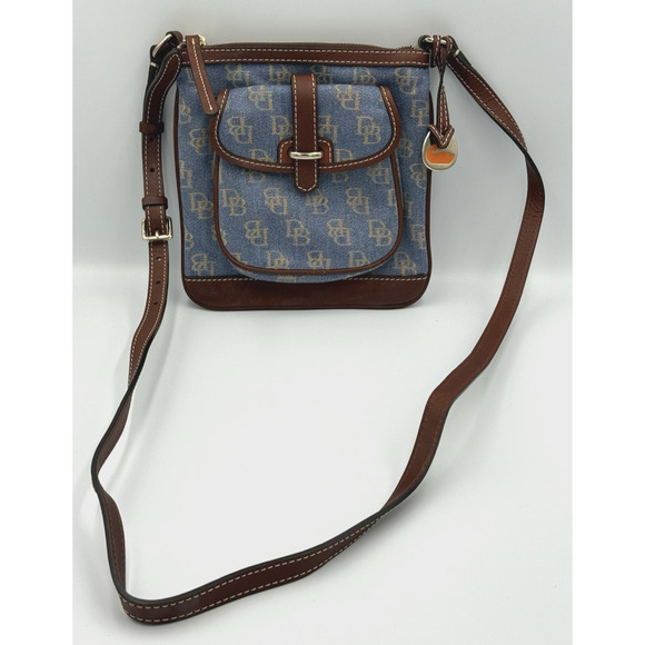 Dooney & Bourke Denim Monogram Letter Carrier Crossbody Brown Leather Trim Bag - Picture 2 of 11